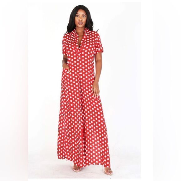 Eien Size Medium 100% Rayon red & white polkadot jumpsuit with side slits. - Picture 2 of 15